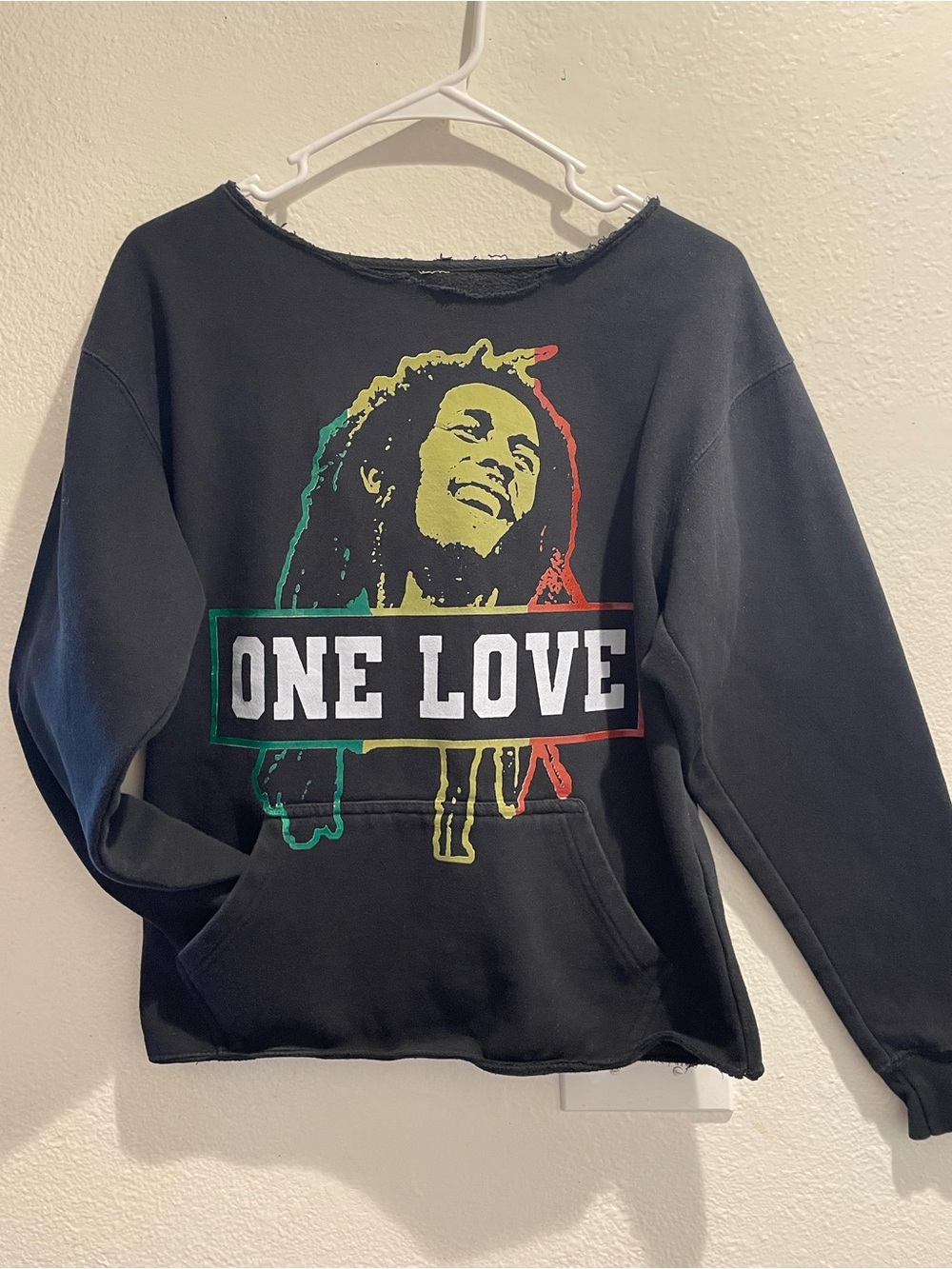 Bob Marley One Love Custom DIY Cropped Raw Edge Black Graphic Sweatshirt Women S